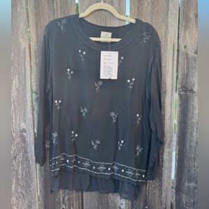 NWT Deadstock Vintage Black Floral Embroidered Long Sleeve Top Made in India